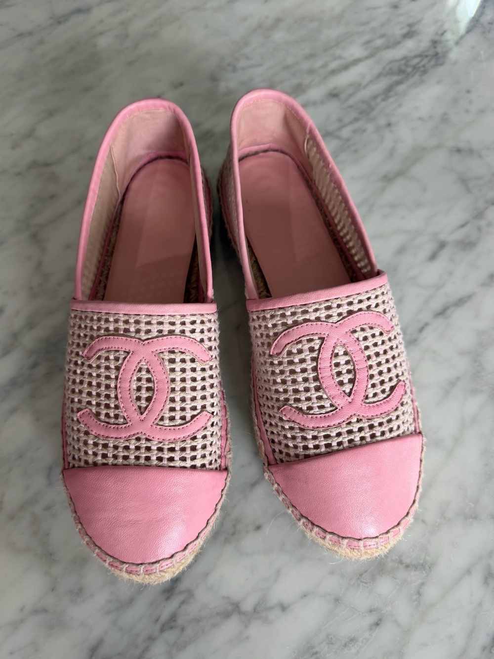 CHANEL Pink Leather mesh bloggers favorite comfy Espadrilles Size 38 US 7